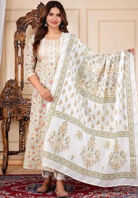 Off White Printed Cotton Kurta Set