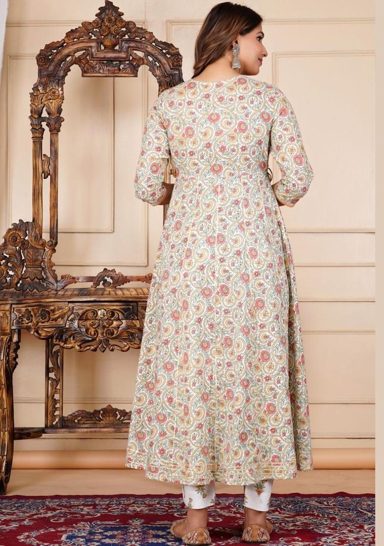 Off White Printed Cotton Kurta Set - Indya