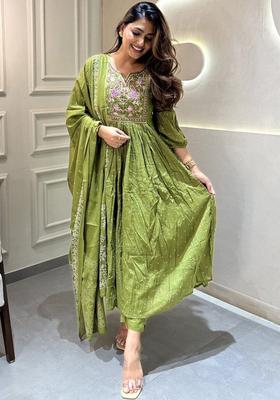 Olive Embroidered Silk Blend Anarkali Set