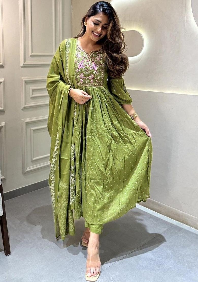 Olive Embroidered Silk Anarkali Set - Indya