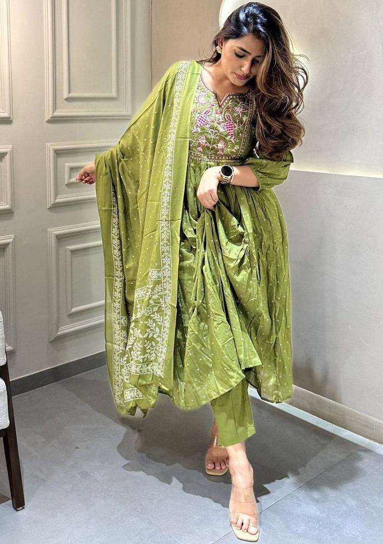 Olive Embroidered Silk Blend Anarkali Set - Indya