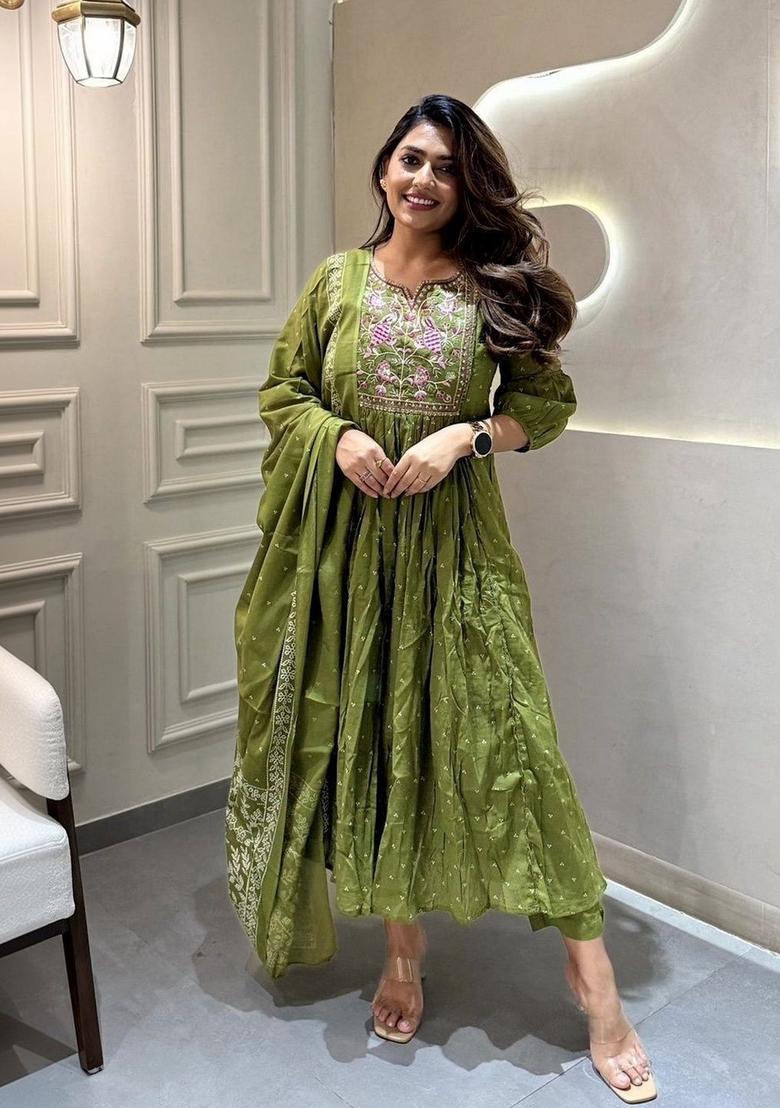 Olive Embroidered Silk Anarkali Set - Indya