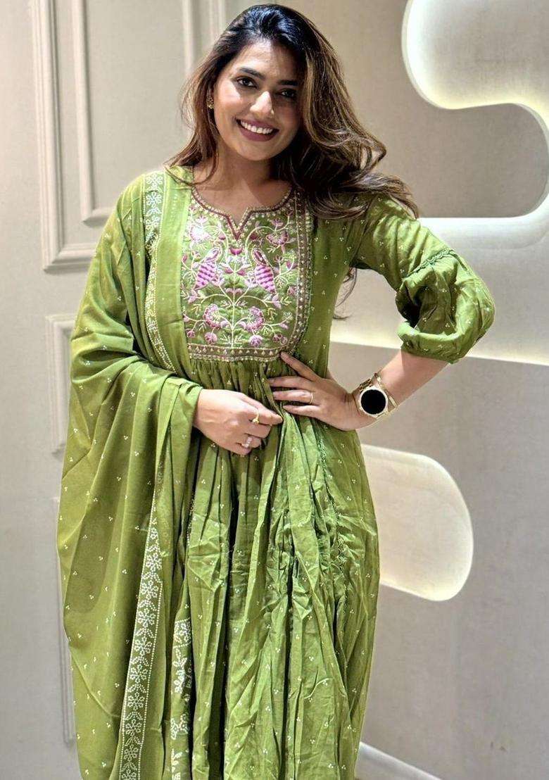 Olive Embroidered Silk Blend Anarkali Set - Indya