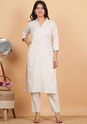 White Solid Cotton Kurta Set