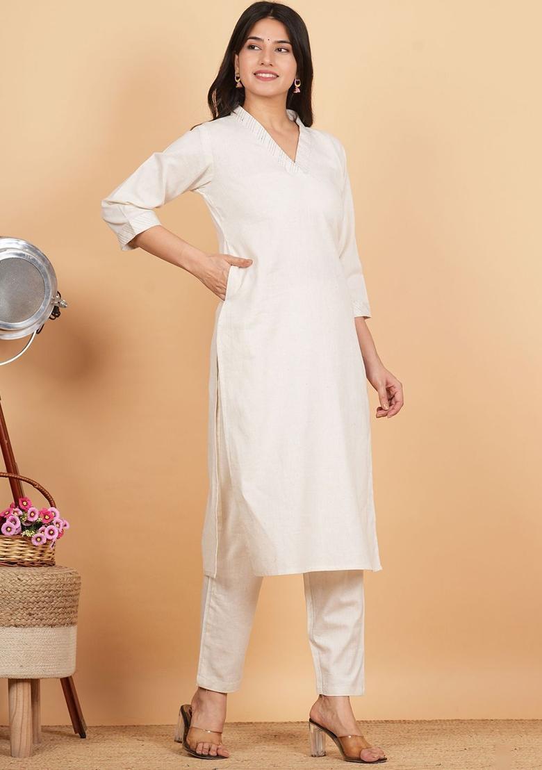 White Solid Cotton Kurta Set - Indya