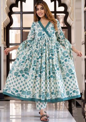 Sea Green Printed Cotton Anarkali Set