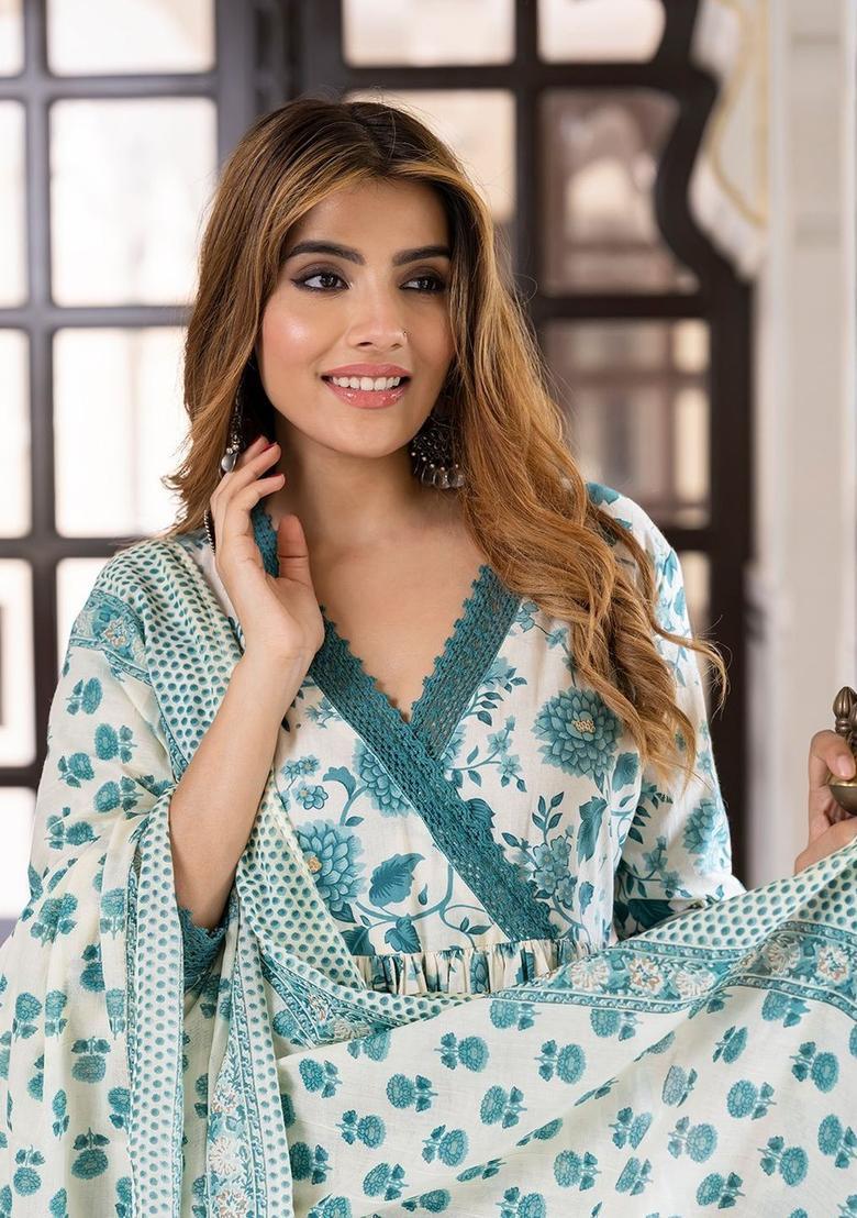 Sea Green Printed Cotton Anarkali Set - Indya