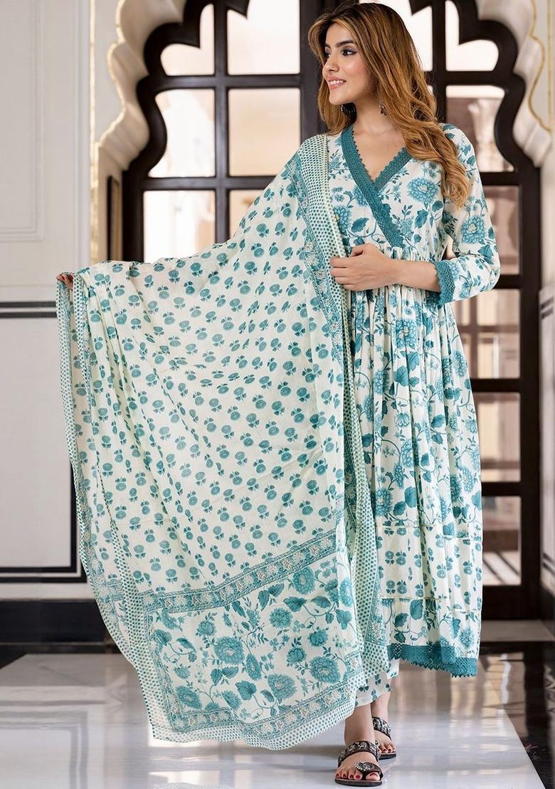Sea Green Printed Cotton Anarkali Set - Indya