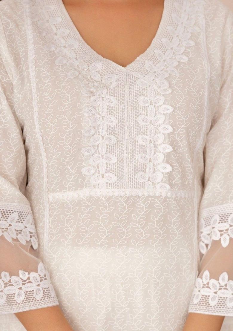 White Embroidered Cotton Kurta Set - Indya