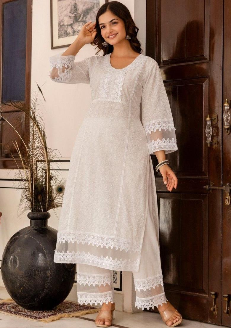 White Embroidered Cotton Kurta Set - Indya