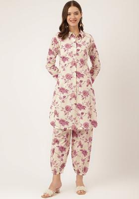 Off White Printed Cotton Kurta Set