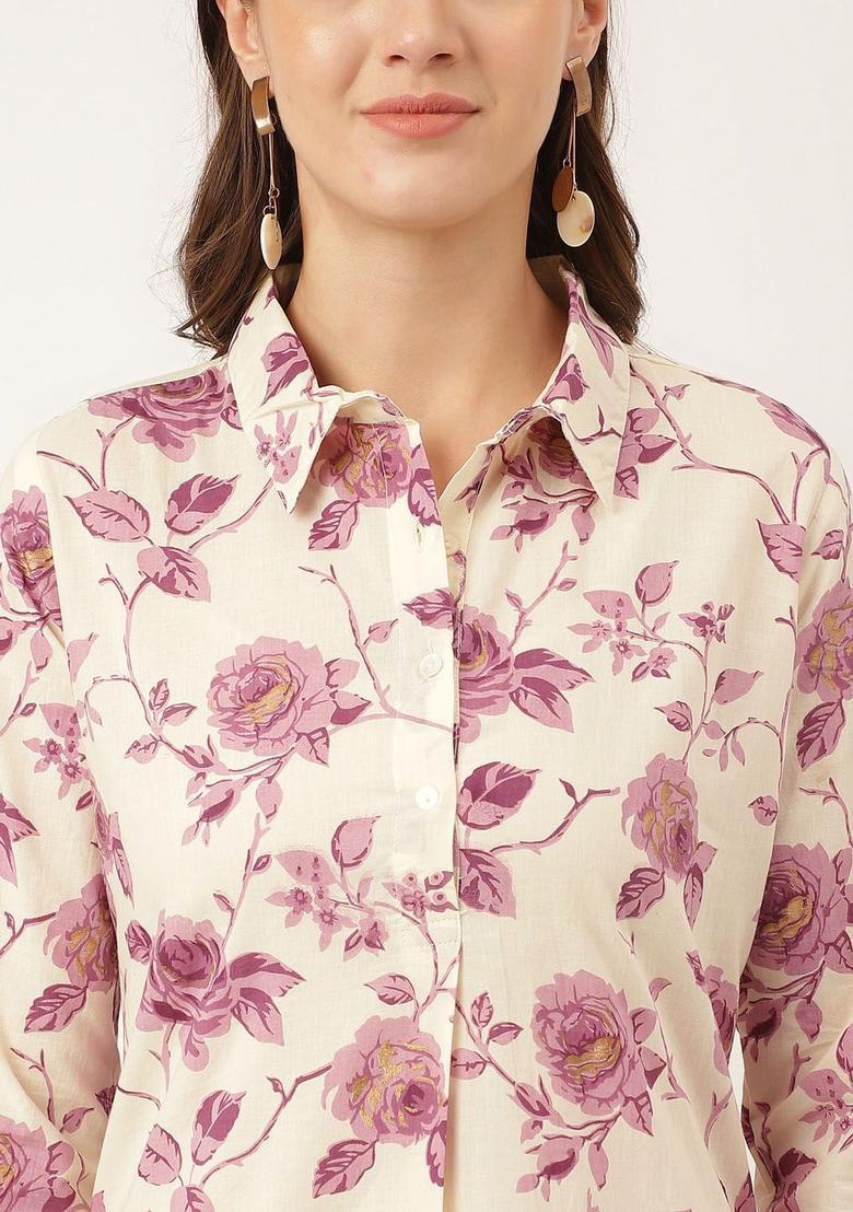 Off White Printed Cotton Kurta Set - Indya