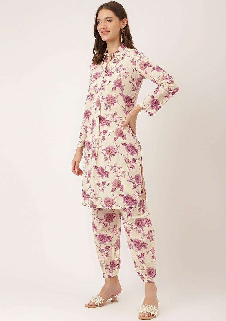 Off White Printed Cotton Kurta Set - Indya
