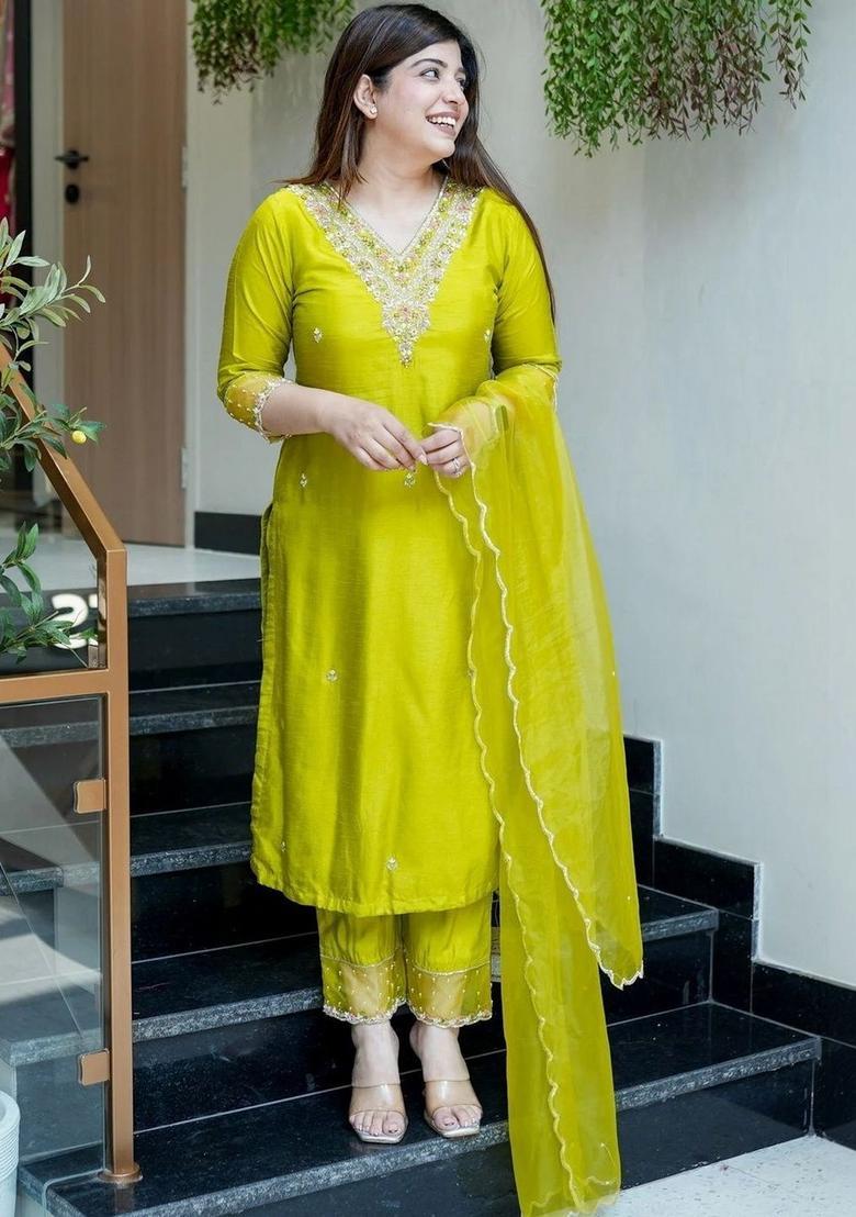 Lime Green Embroidered Silk Kurta Set - Indya