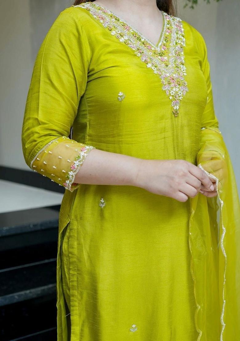 Lime Green Embroidered Silk Kurta Set - Indya