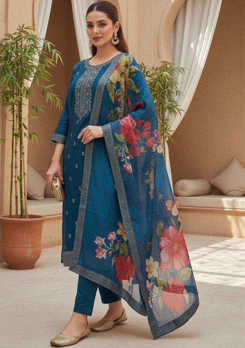 Blue Embroidered Silk Kurta Set - Indya