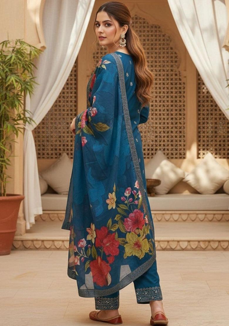 Blue Embroidered Silk Kurta Set - Indya
