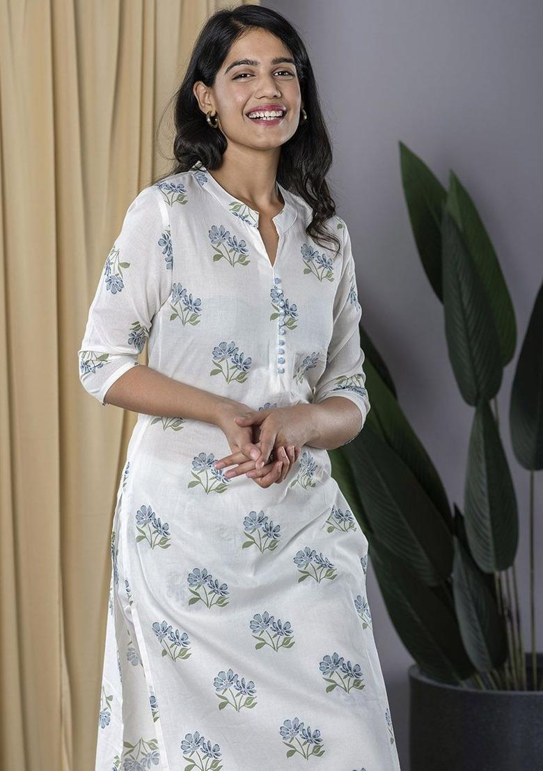 White Printed Cotton Kurta Set - Indya