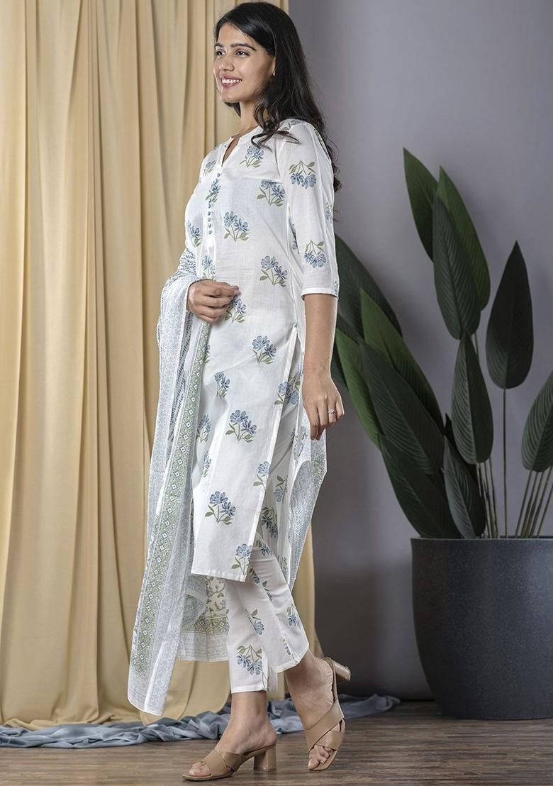 White Printed Cotton Kurta Set - Indya