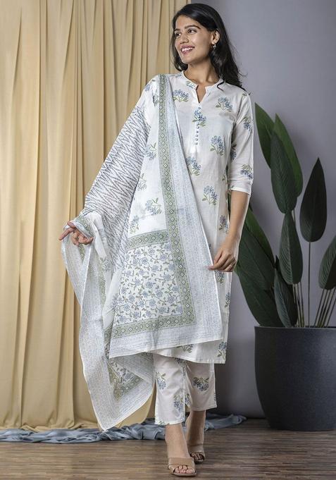 White Printed Cotton Kurta Set