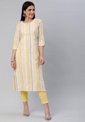 Yellow Striped Cotton Kurta Set