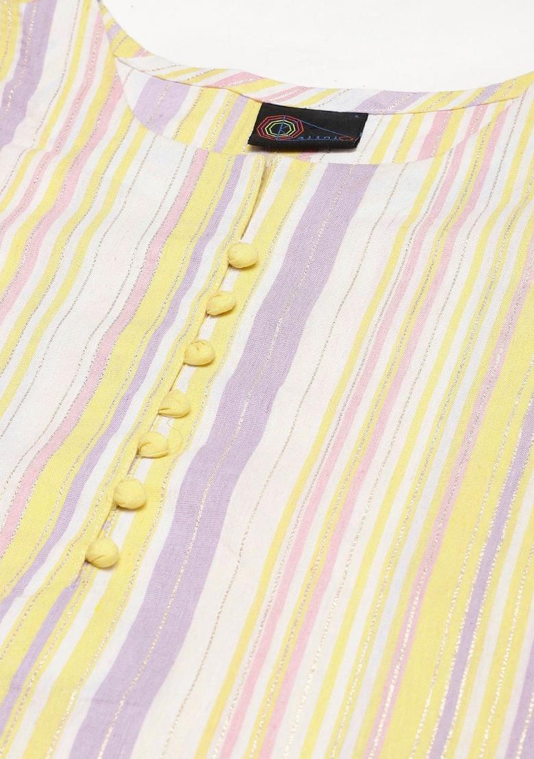 Yellow Striped Cotton Kurta Set - Indya