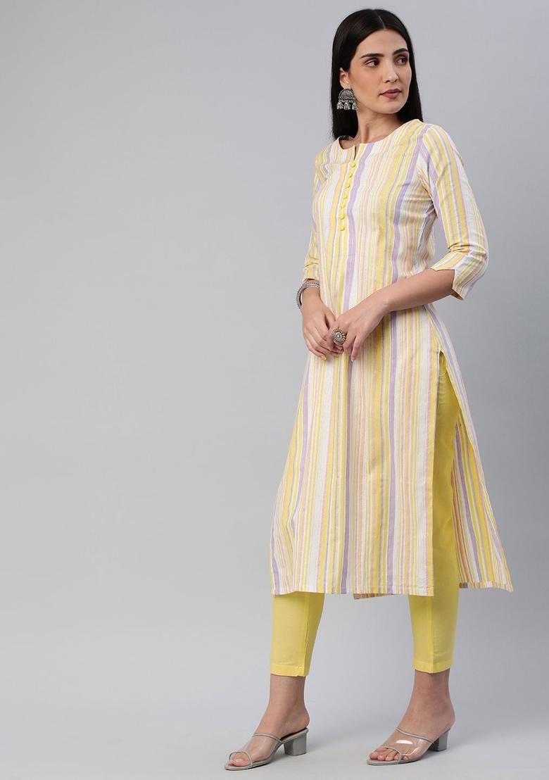 Yellow Striped Cotton Kurta Set - Indya