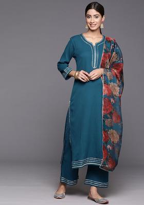 Teal Solid Silk Blend Kurta Set