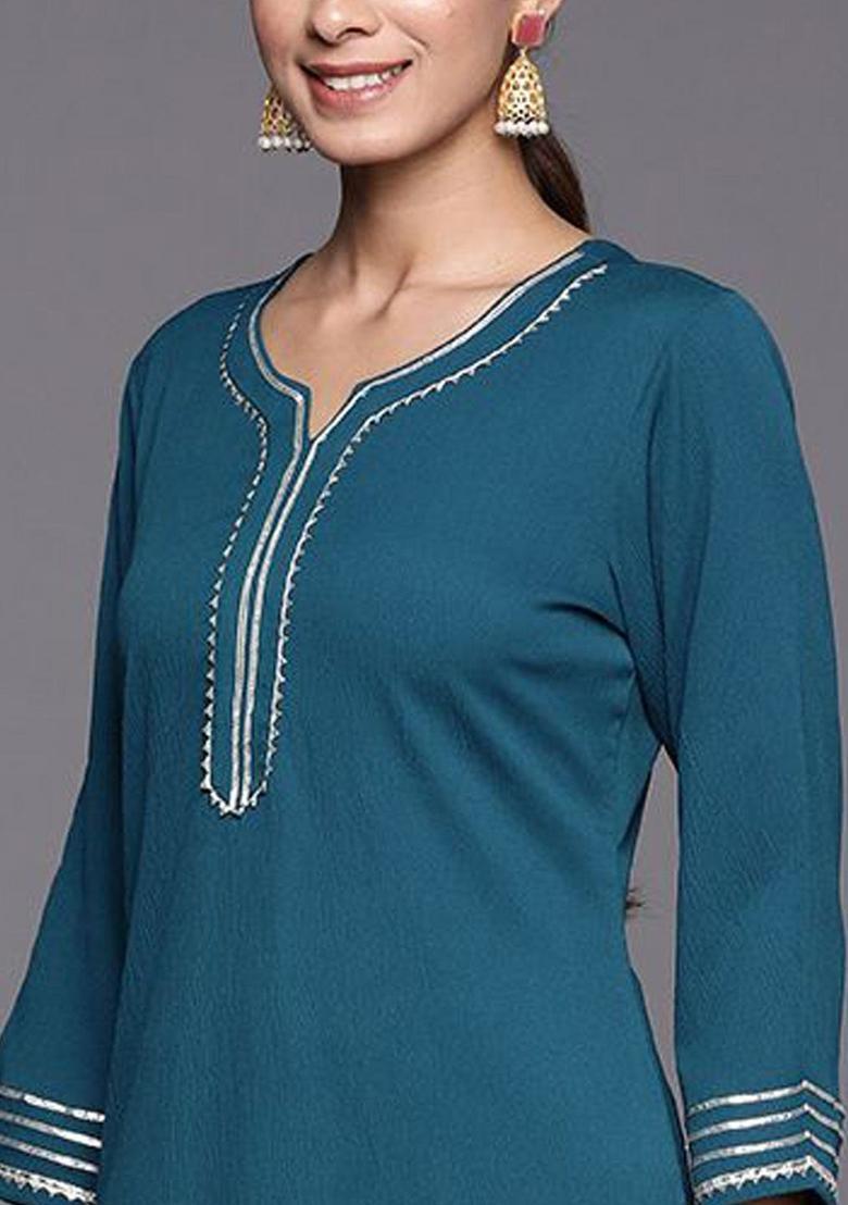 Teal Solid Silk Kurta Set - Indya