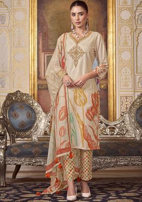 Beige Embroidered Cotton Kurta Set