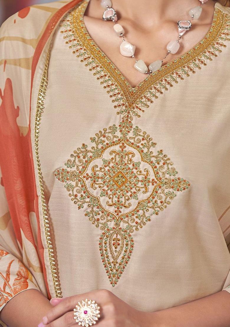 Beige Embroidered Cotton Kurta Set - Indya