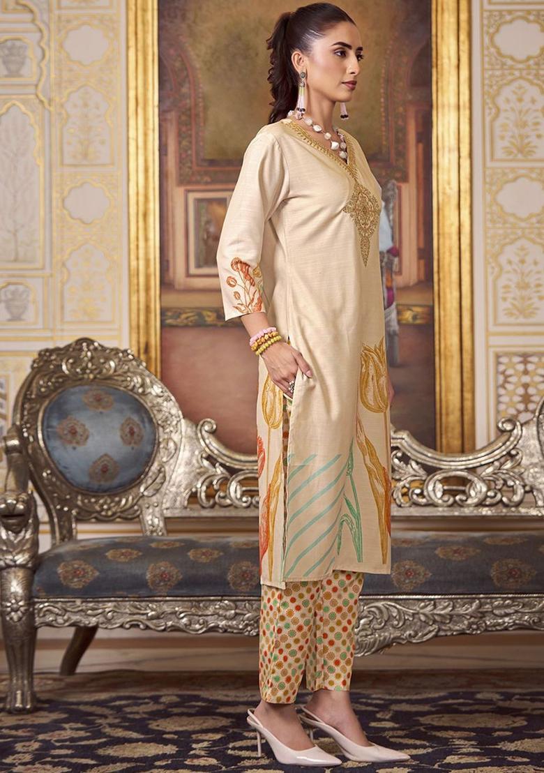 Beige Embroidered Cotton Kurta Set - Indya