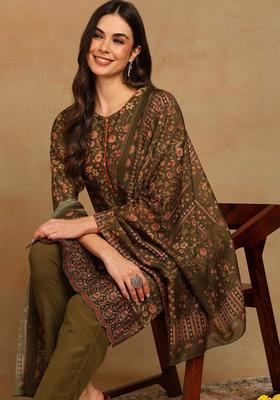 Olive Printed Silk Blend Kurta Set