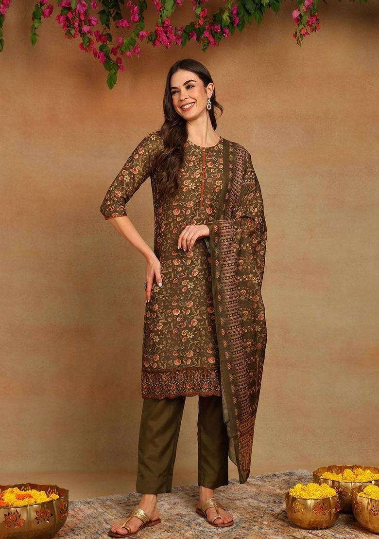 Olive Printed Silk Kurta Set - Indya