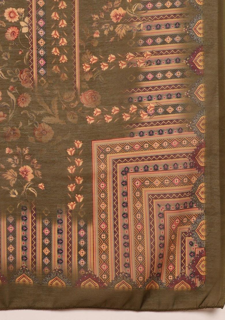 Olive Printed Silk Kurta Set - Indya