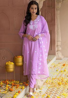 Lavender Embroidered Viscose Kurta Set