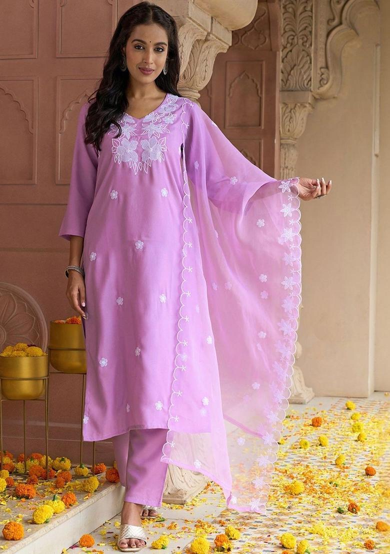 Lavender Embroidered Viscose Kurta Set - Indya