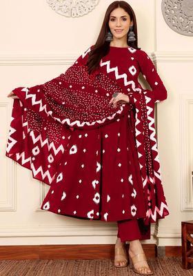Red Printed Viscose Anarkali Set