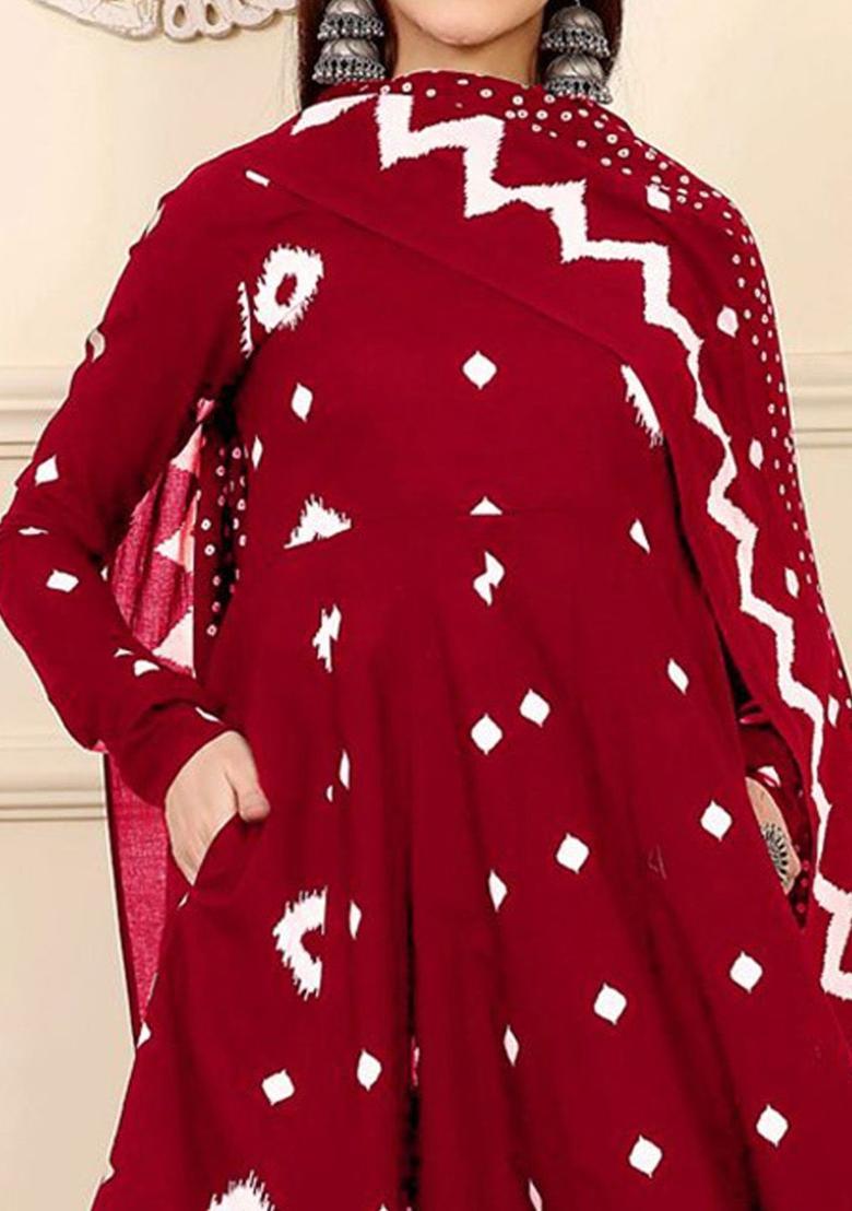 Red Printed Viscose Anarkali Set - Indya