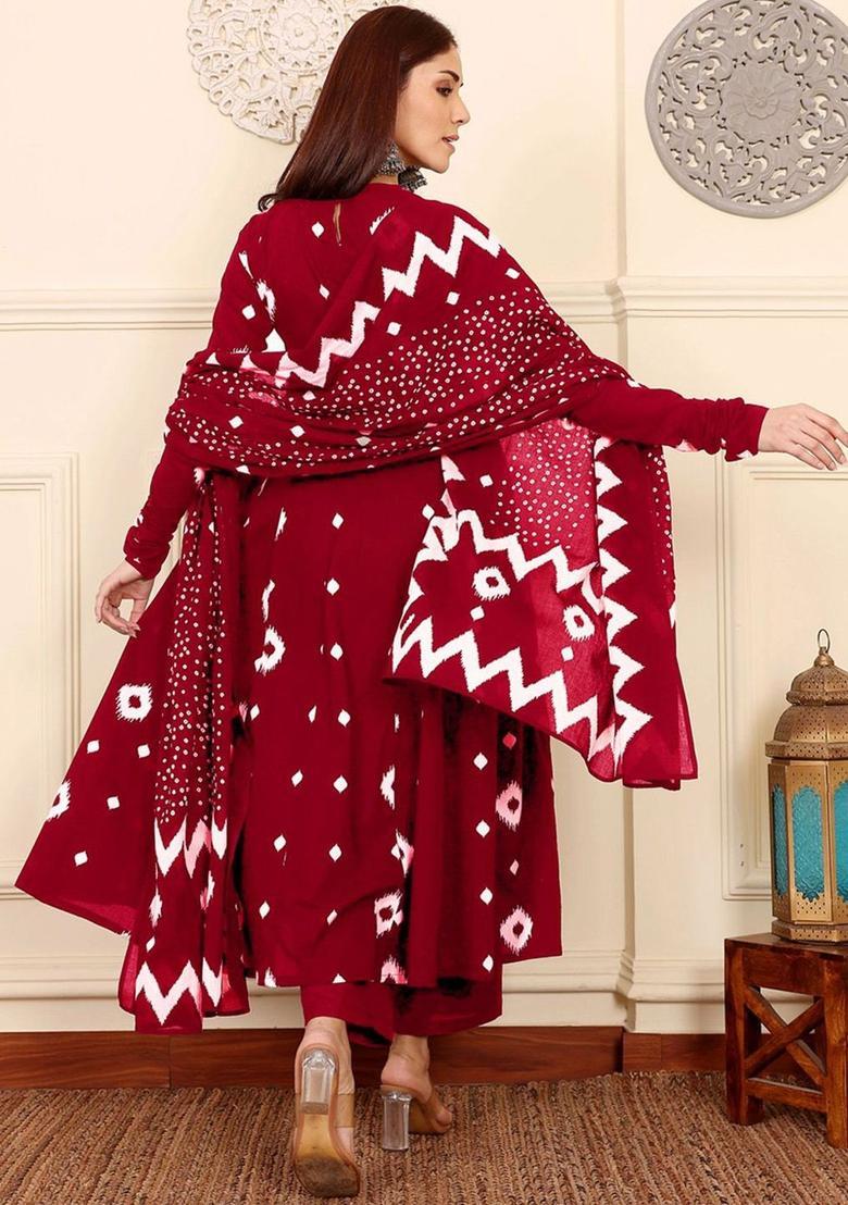 Red Printed Viscose Anarkali Set - Indya