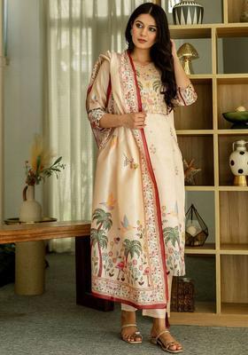 Cream Printed Silk Kurta Set