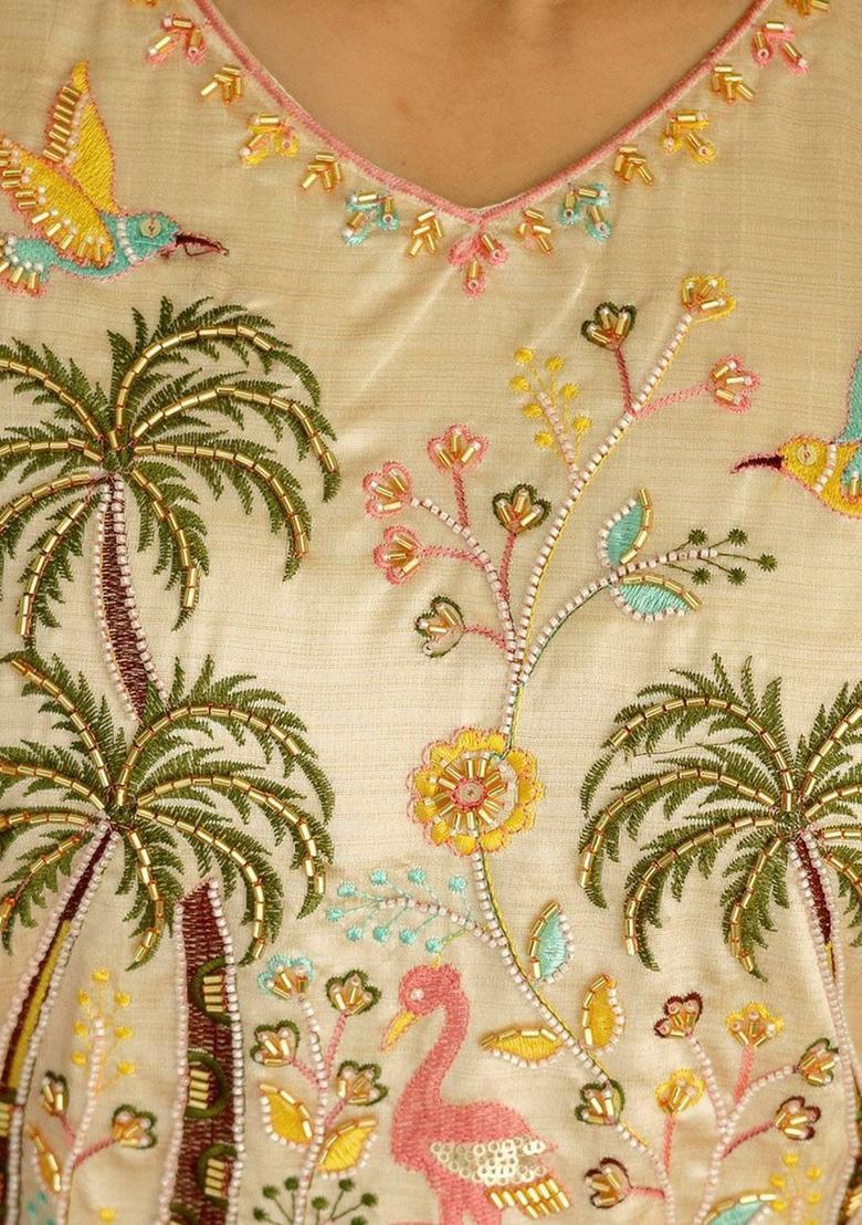 Cream Printed Silk Kurta Set - Indya