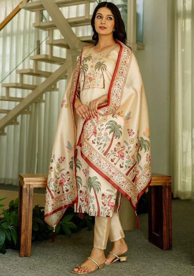 Cream Printed Silk Kurta Set - Indya