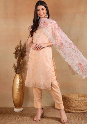 Peach Woven Design Organza Kurta Set