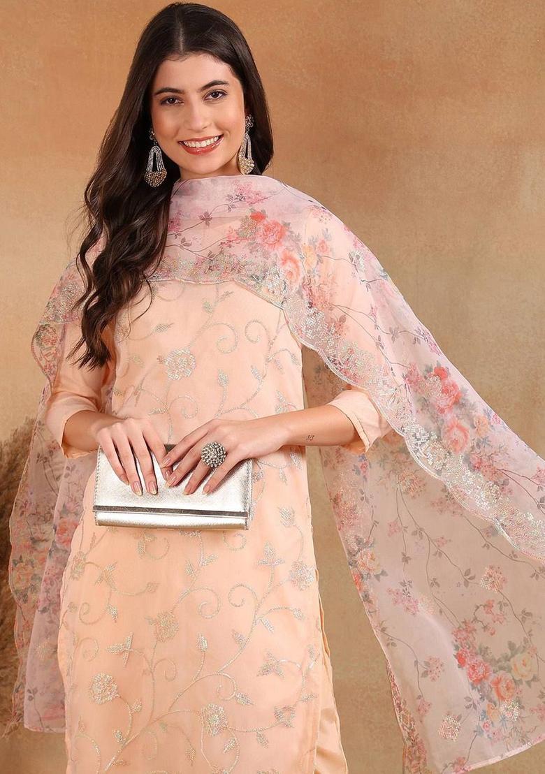 Peach Woven Design Organza Kurta Set - Indya