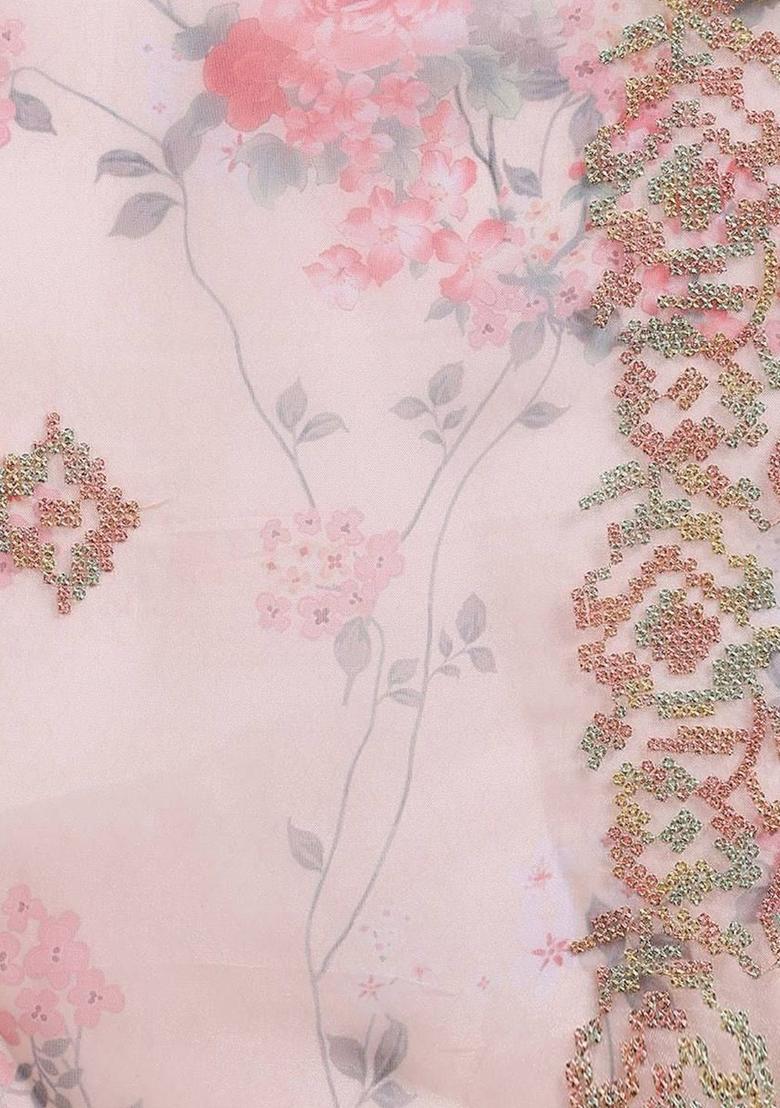 Peach Woven Design Organza Kurta Set - Indya