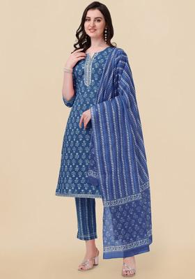 Navy Blue Printed Cotton Kurta Set