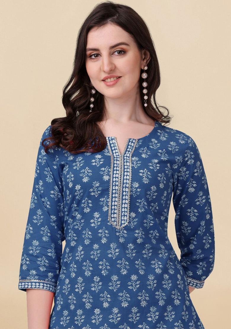 Navy Blue Printed Cotton Kurta Set - Indya