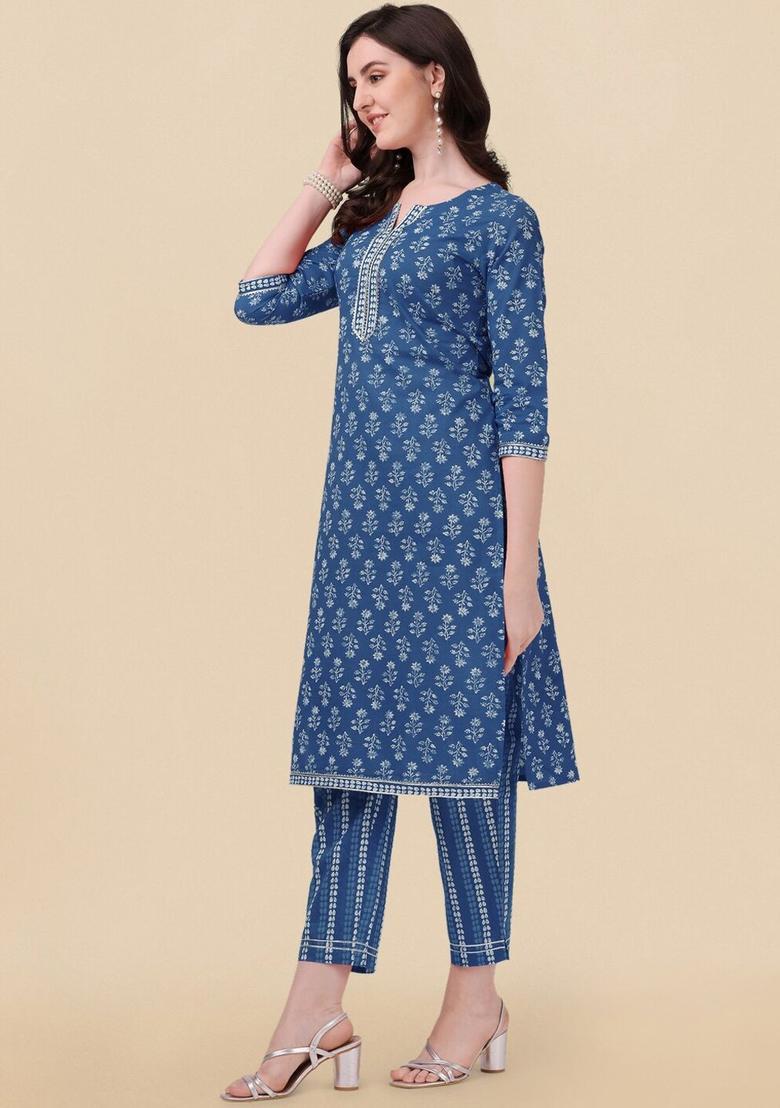 Navy Blue Printed Cotton Kurta Set - Indya