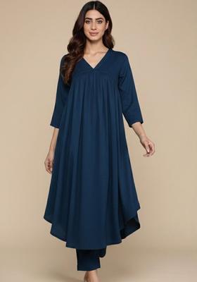 Navy Blue Solid Silk Kurta Set